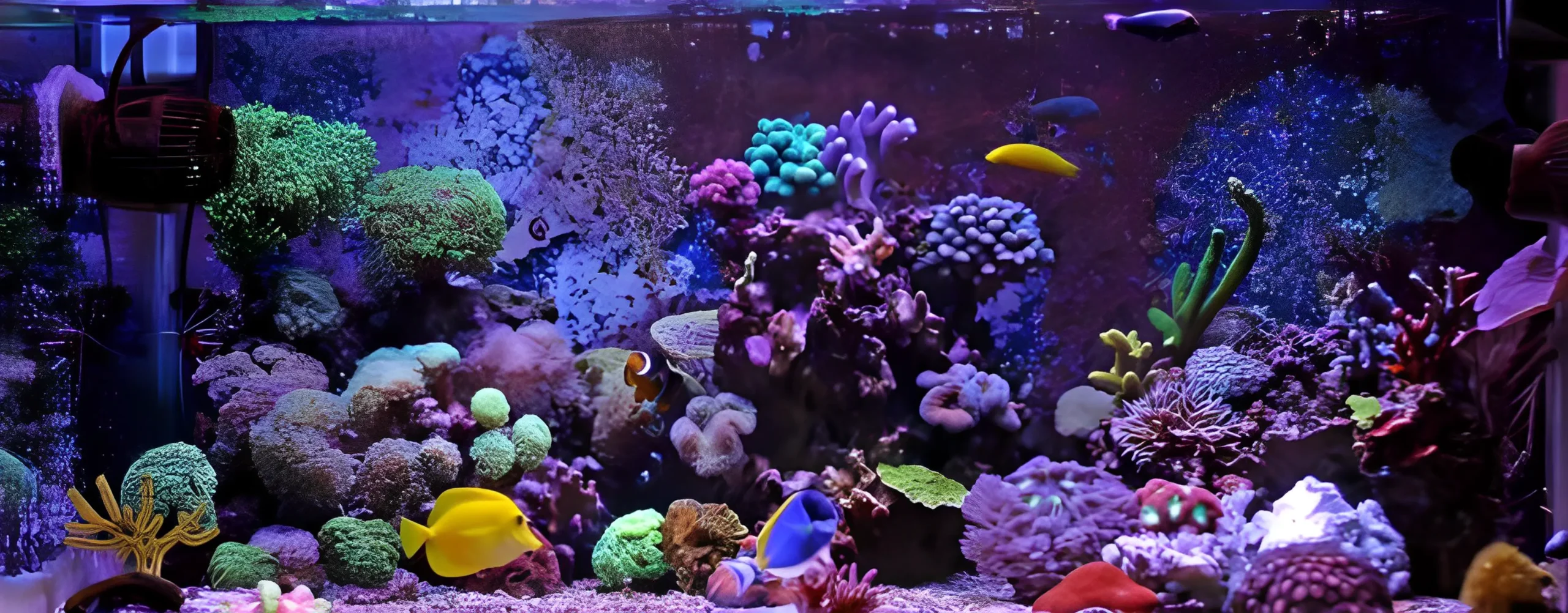 A photo of a marine reef tank setup with a variety of equipment, such as a protein skimmer, sump, and return pump.