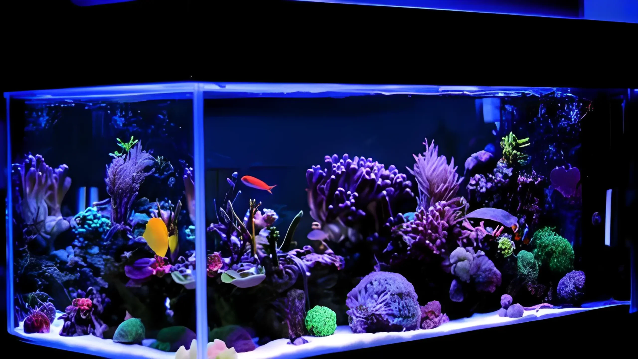 A saltwater tank setup with a filter, heater, rocks, sand, and fish